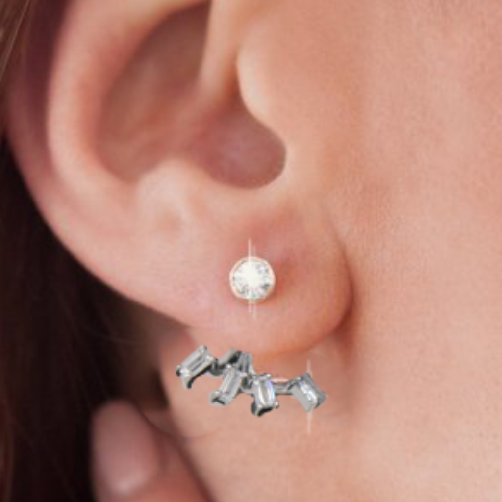 New Silver & Cz 2 In 1 Fan Style Earrings